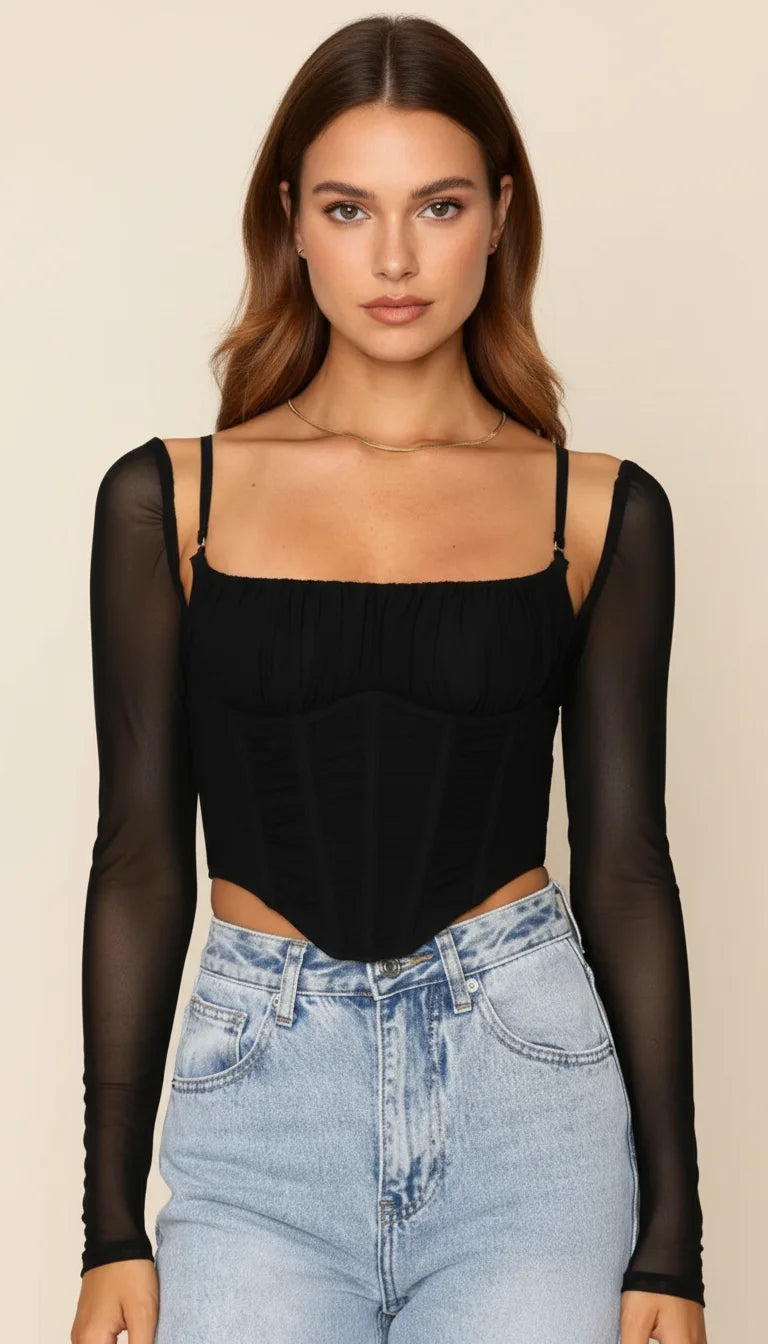 Top Corset Manches Résille Noir - Vue principale