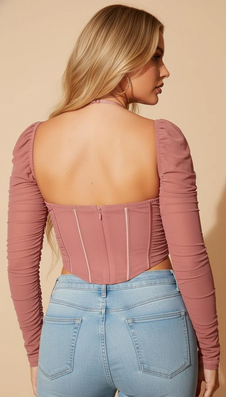 Top Corset Manches Résille Rosé - Vue dos