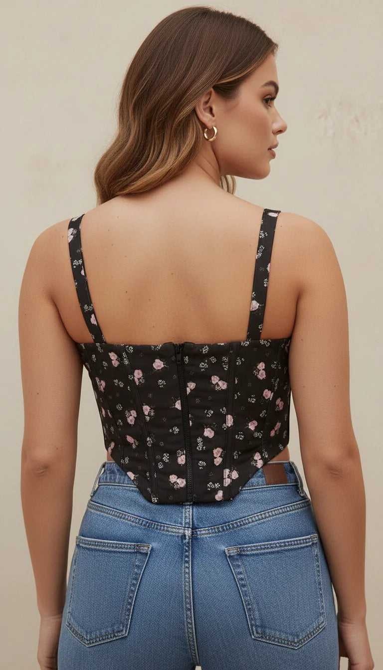 Top Corset Noir Fleurs Roses - Vue dos