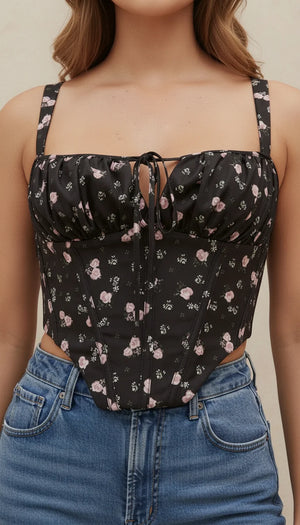 Top Corset Noir Fleurs Roses - Vue face