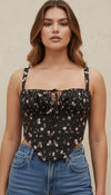 Top Corset Noir Fleurs Roses