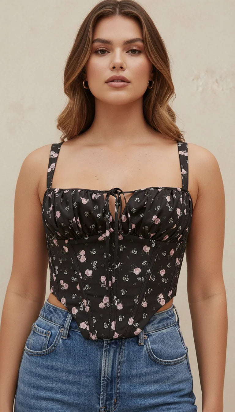 Top Corset Noir Fleurs Roses