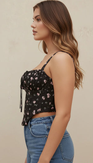 Top Corset Noir Fleurs Roses - Vue profil