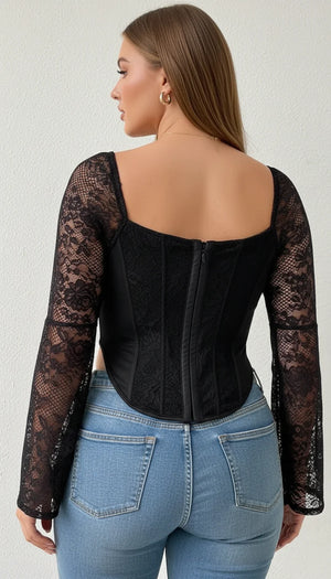 Top Corset Noir Manches Dentelle - Vue dos
