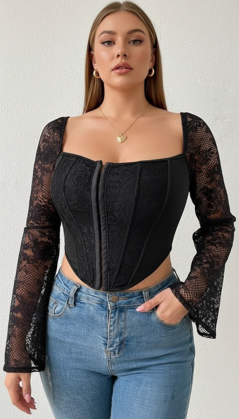 Top Corset Noir Manches Dentelle - Vue principale
