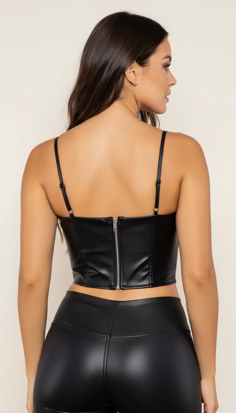 Top Corset Simili-Cuir Zippé Noir - Vue dos