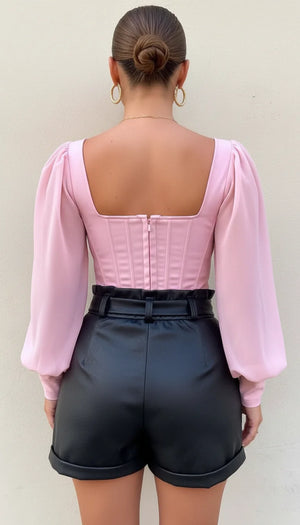 Top Corset Simili Rose Manches Volumineuses - Vue dos
