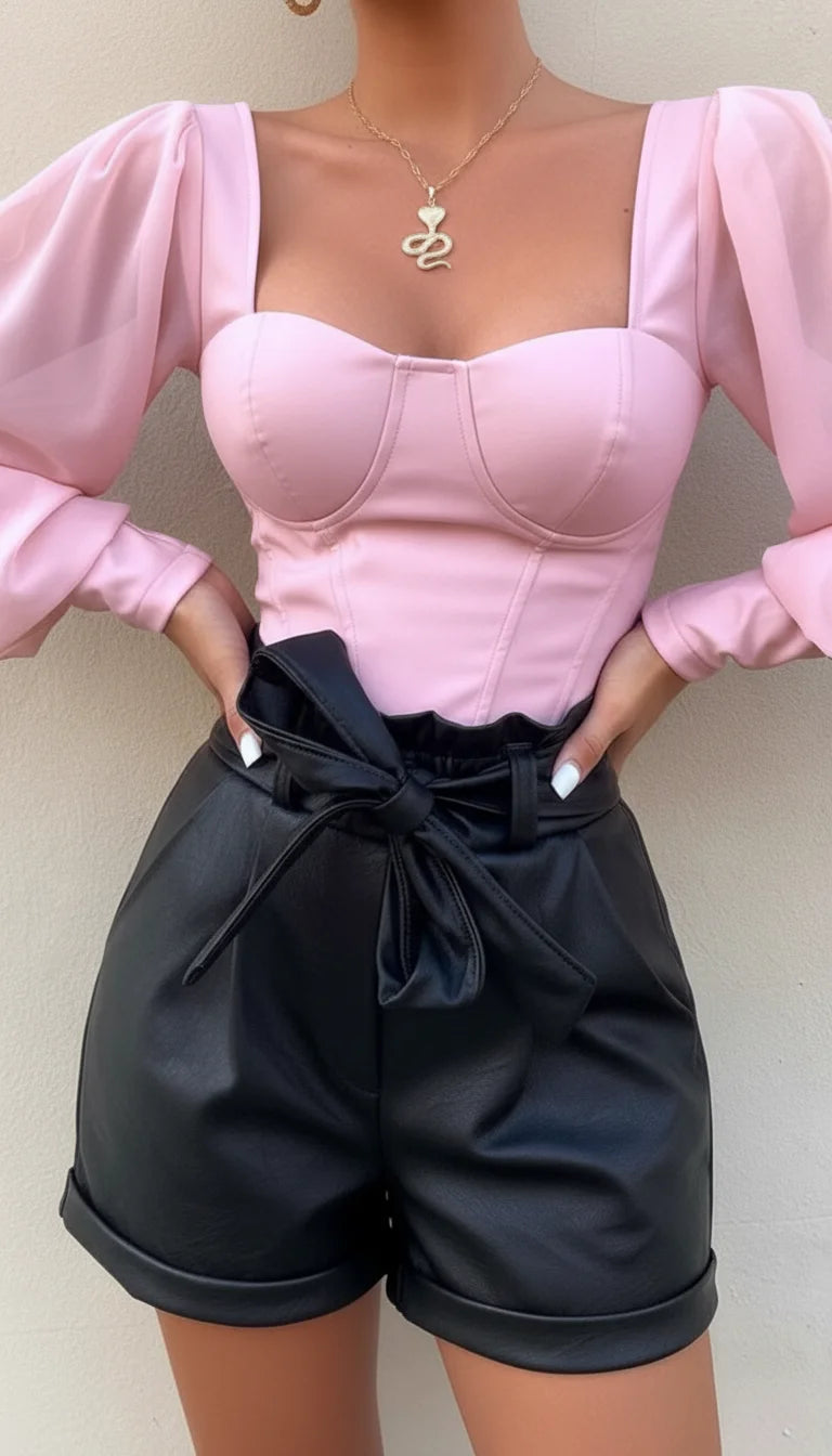 Top Corset Simili Rose Manches Volumineuses - Vue face