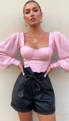 Top Corset Simili Rose Manches Volumineuses
