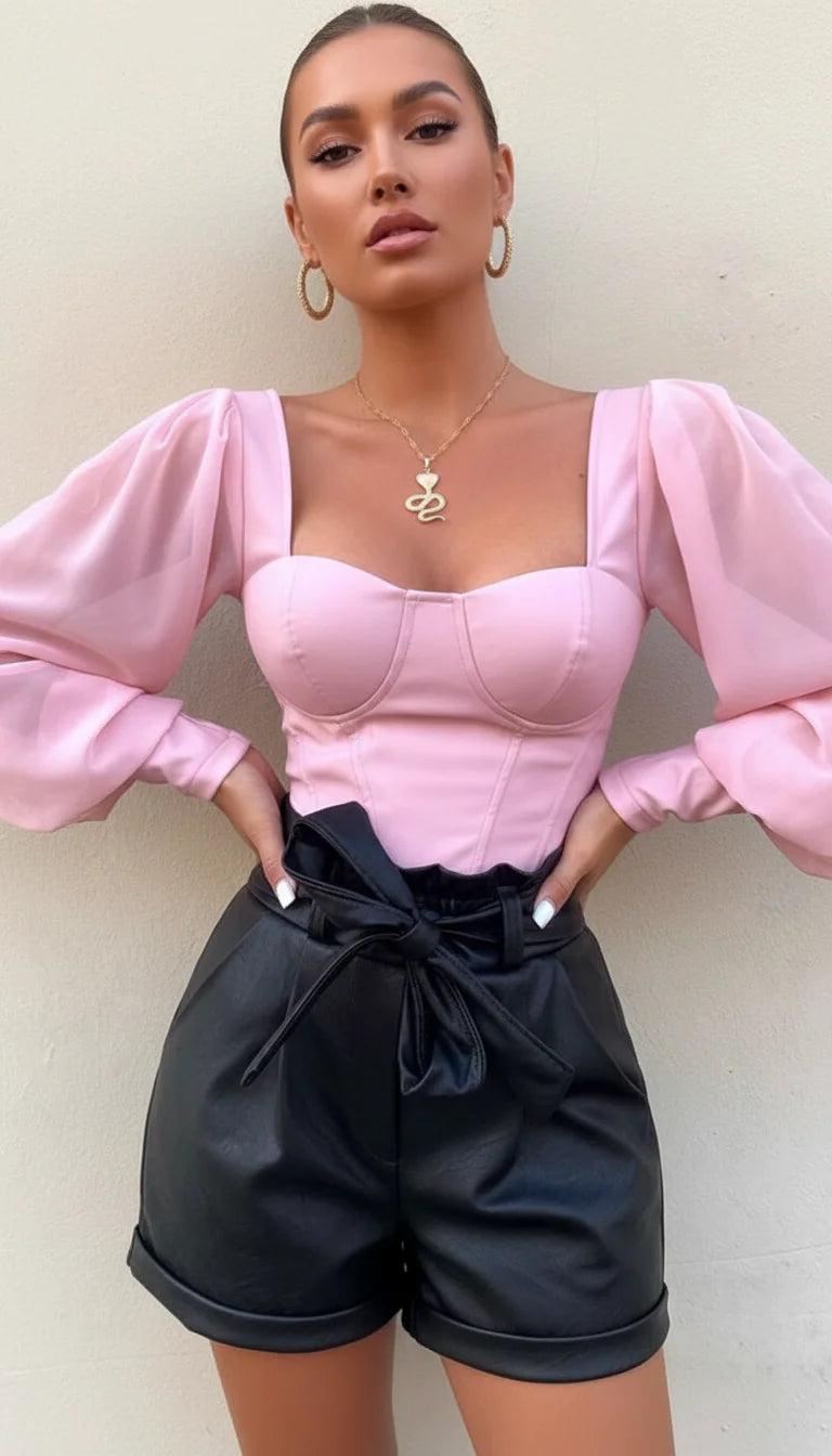Top Corset Simili Rose Manches Volumineuses - Vue principale