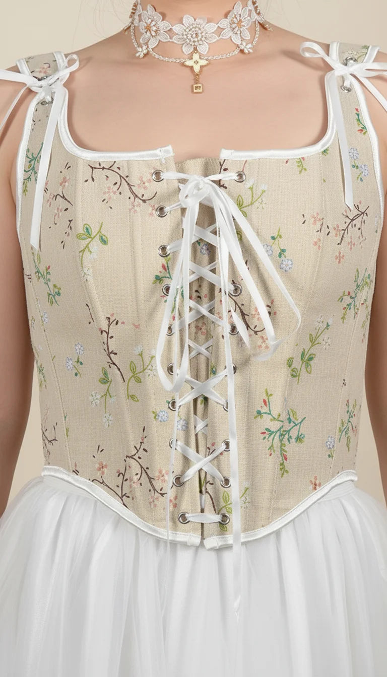 Top Corset Vintage Écru Fleuri - Vue face