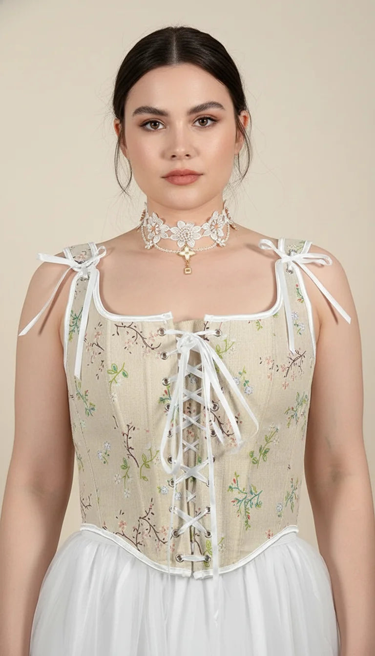 Top Corset Vintage Écru Fleuri - Vue principale