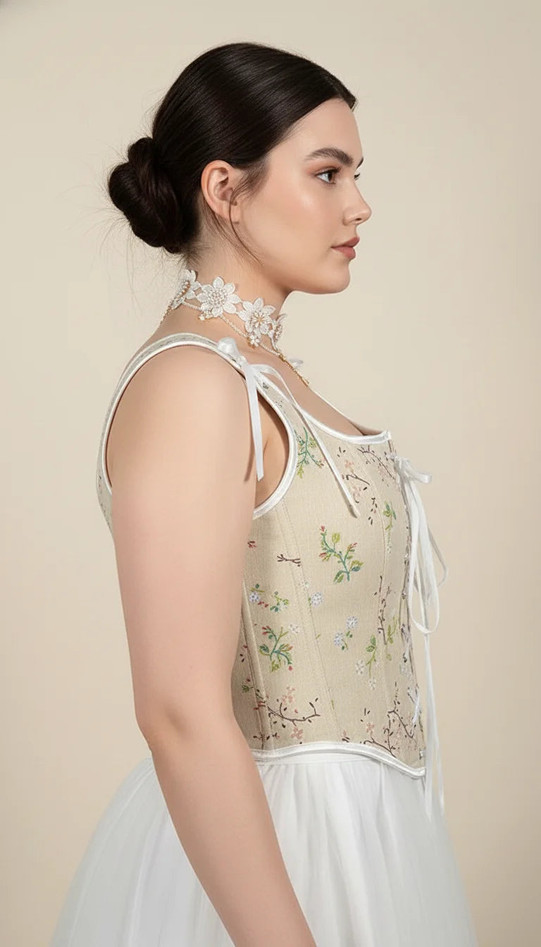 Top Corset Vintage Écru Fleuri - Vue profil