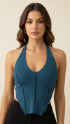Top Halter Côtelé Bleu
