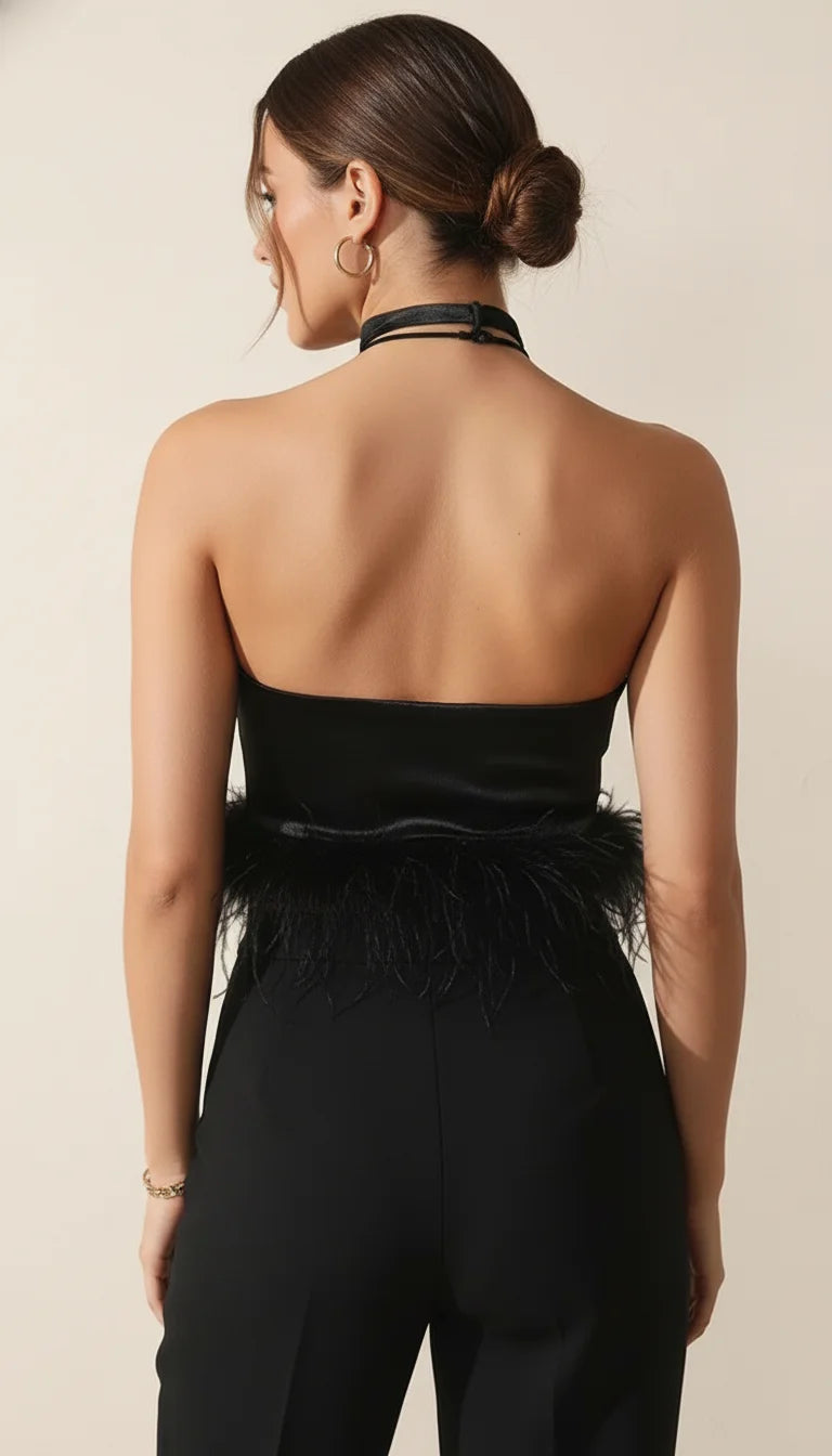 Top Halter Satin Plumes - Vue dos