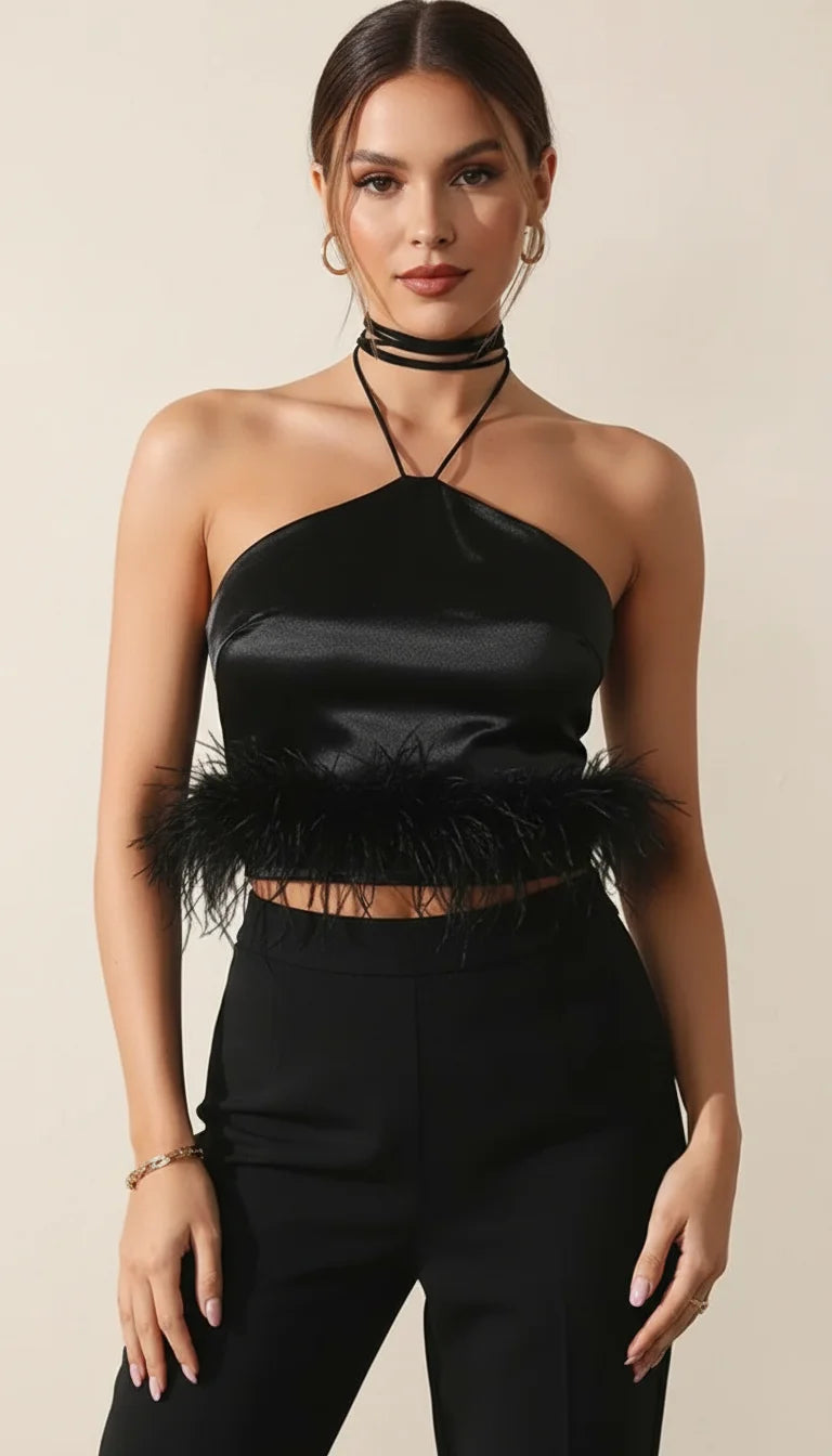 Top Halter Satin Plumes