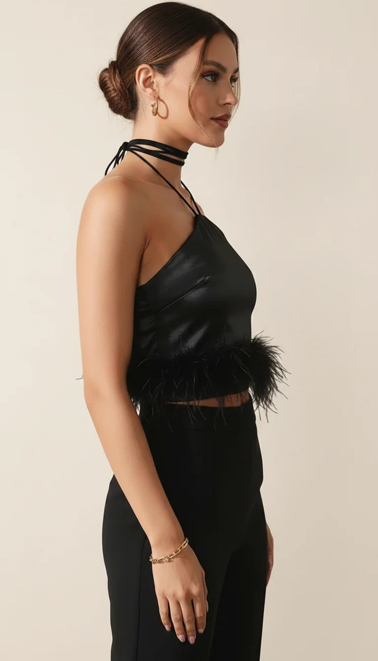 Top Halter Satin Plumes - Vue profil